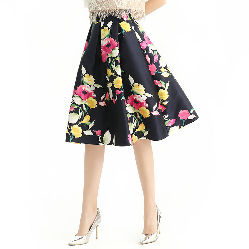 JJparty-S137 Women floral print inverted pleat A-line midi skirt