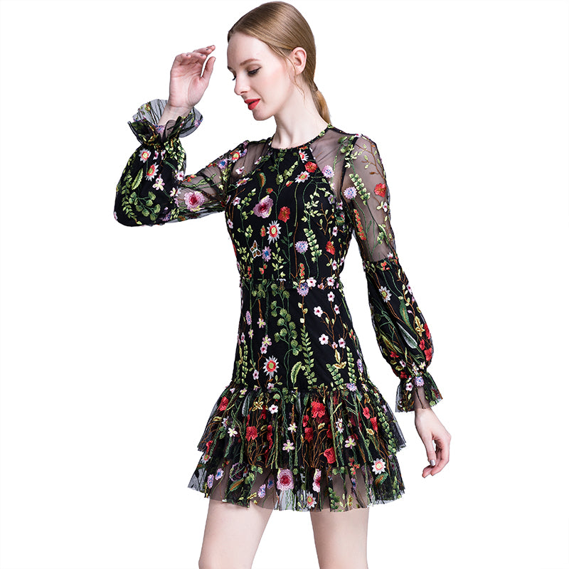 JJparty-D005 Women all-over embroidered long bell sleeves mini party dress