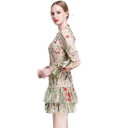 JJparty-D005 Women all-over embroidered long bell sleeves mini party dress