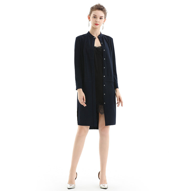 JJparty-C053 Women solid long sleeves band collar seam-detail midi shirt dress