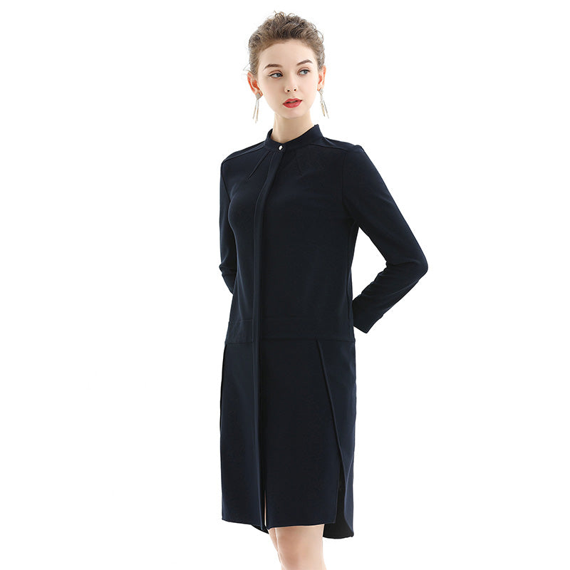 JJparty-C053 Women solid long sleeves band collar seam-detail midi shirt dress