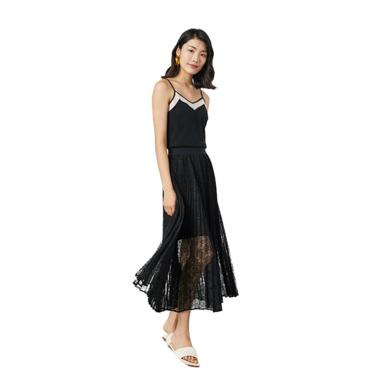 JJparty-C163 Women floral lace elasticated waist full circle sunburst pleated midi skirt