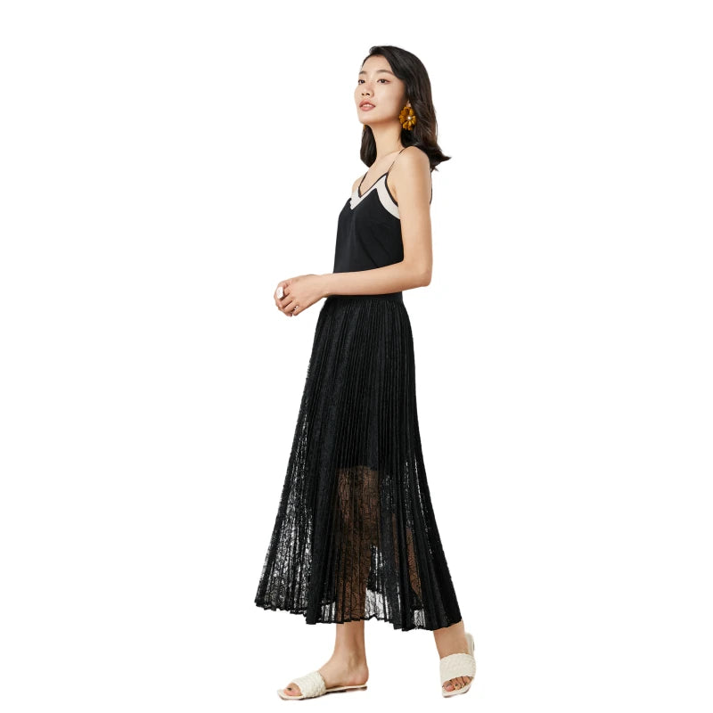 JJparty-C163 Women floral lace elasticated waist full circle sunburst pleated midi skirt