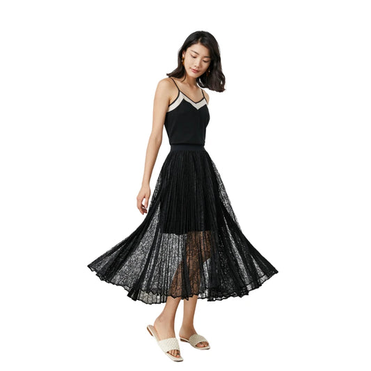 JJparty-C163 Women floral lace elasticated waist full circle sunburst pleated midi skirt