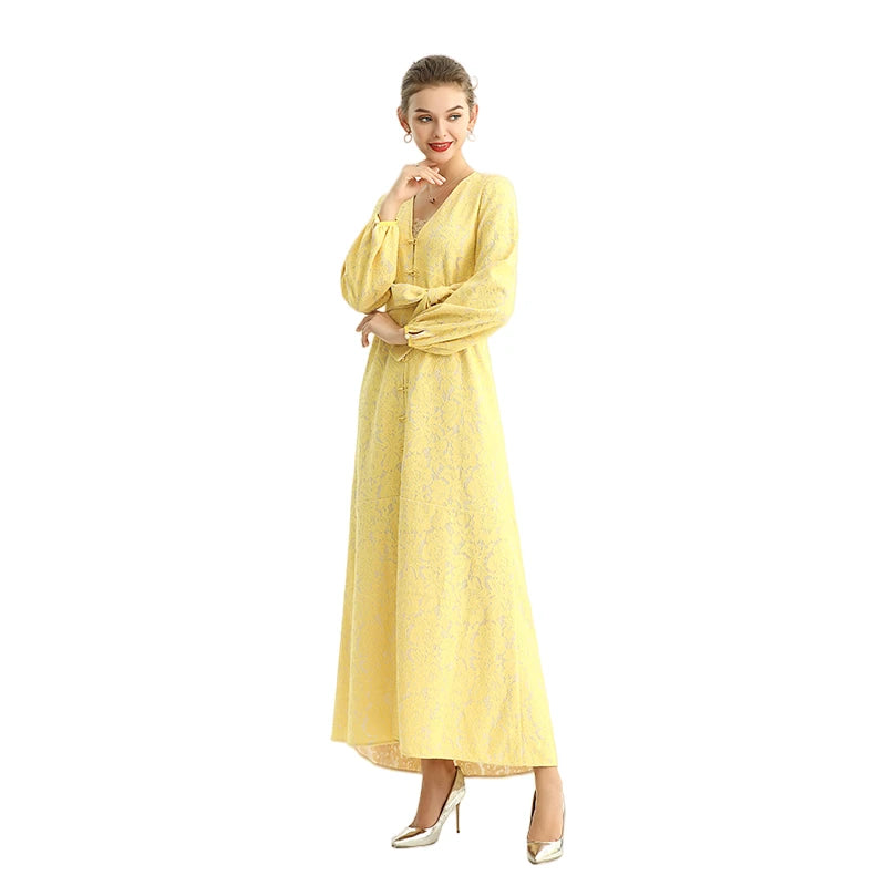 JJparty-C165-2 Women bonded lace long sleeves evening maxi robe dress