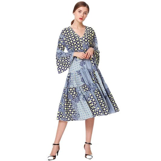 JJparty-D051 Women print polyester three-quarter sleeves tiered design midi dress