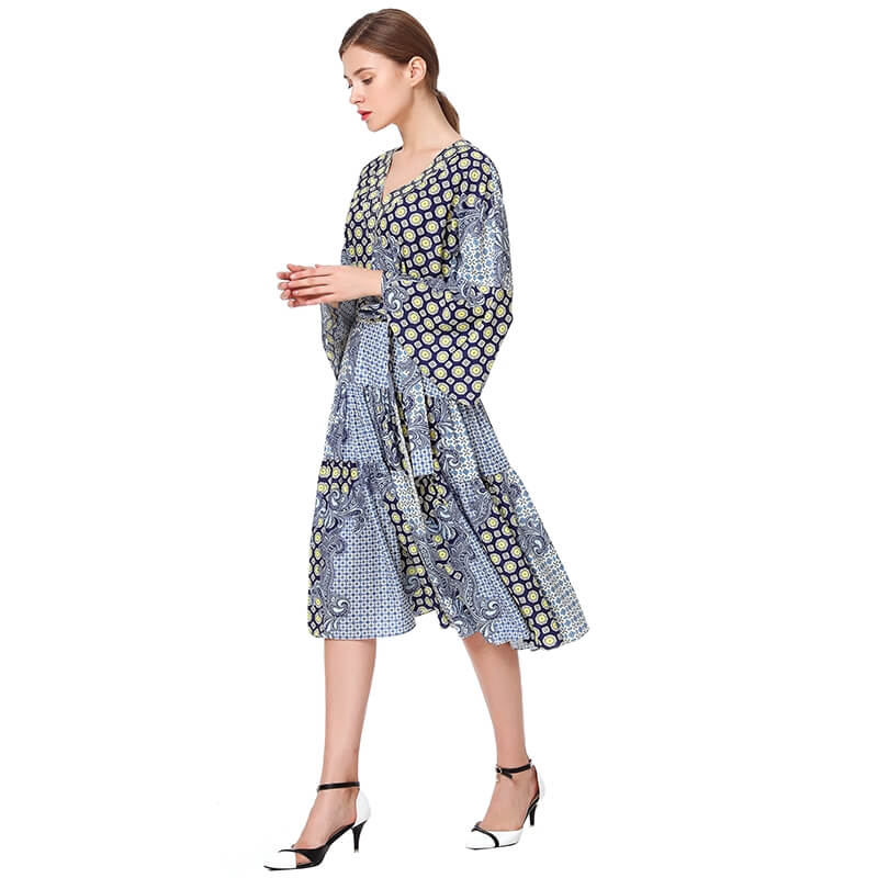 JJparty-D051 Women print polyester three-quarter sleeves tiered design midi dress