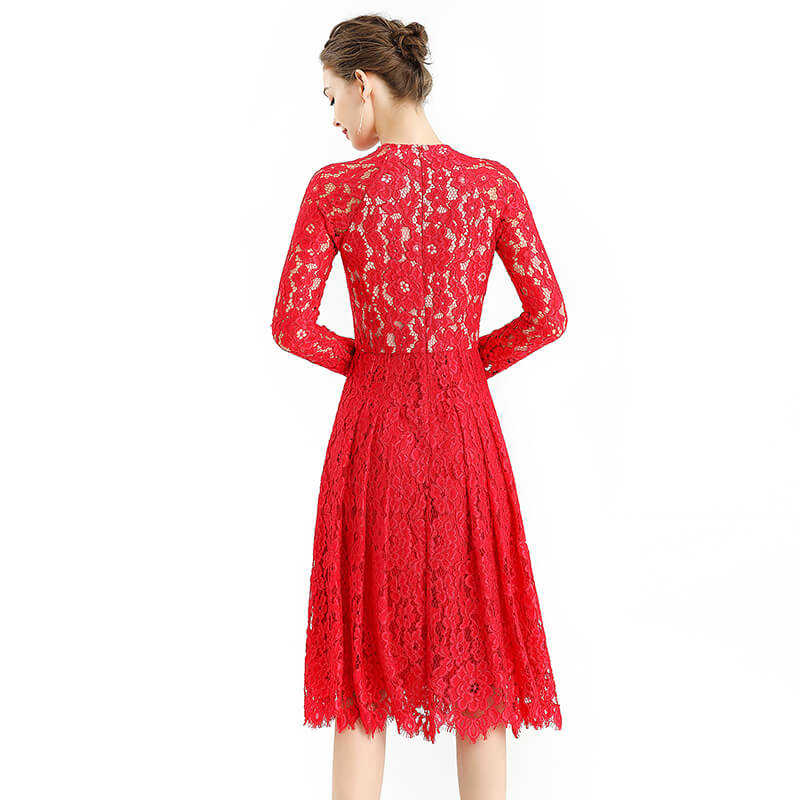 JJparty-D080-2 Women floral scallop lace long sleeves flared pleated party midi dress