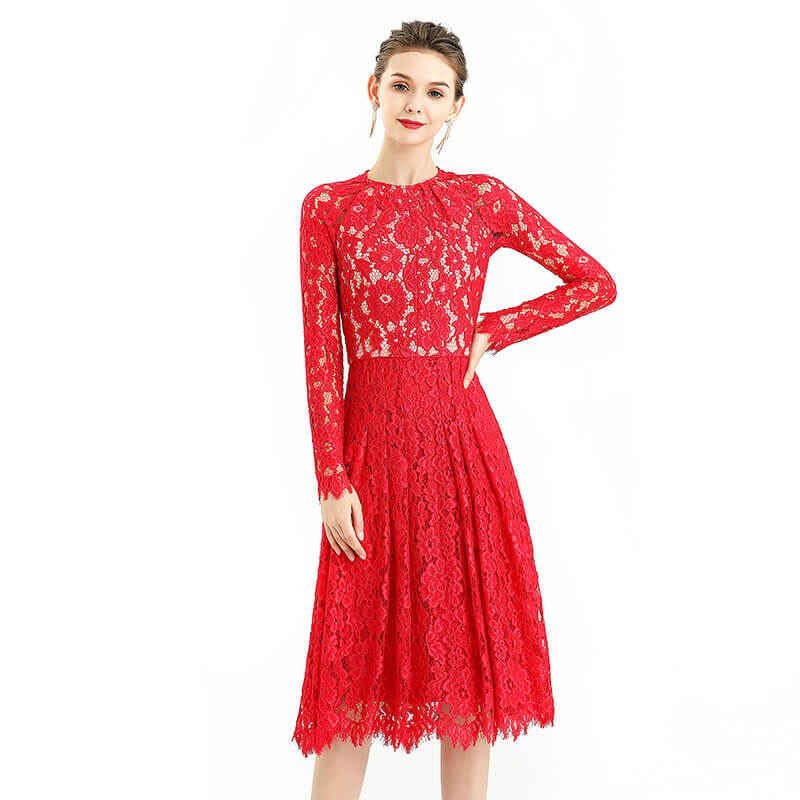 JJparty-D080-2 Women floral scallop lace long sleeves flared pleated party midi dress