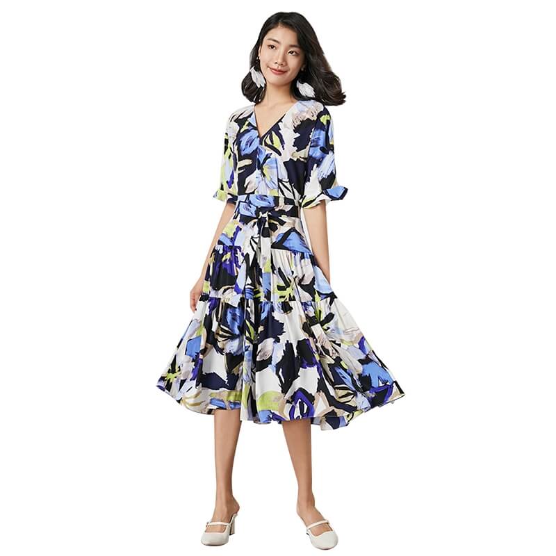 JJparty-D081-1 Women fashion floral print short sleeves tiered midi day dress