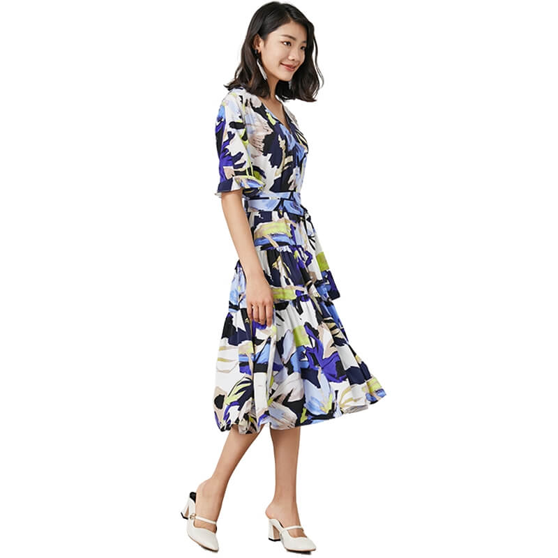 JJparty-D081-1 Women fashion floral print short sleeves tiered midi day dress