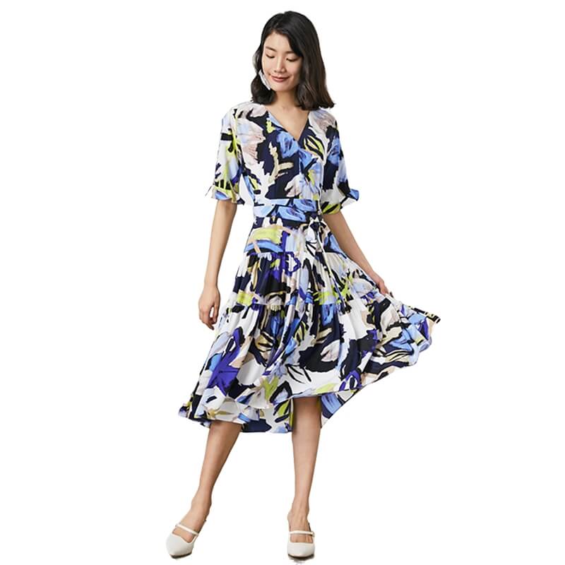 JJparty-D081-1 Women fashion floral print short sleeves tiered midi day dress