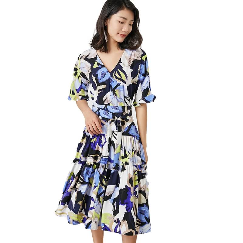 JJparty-D081-1 Women fashion floral print short sleeves tiered midi day dress