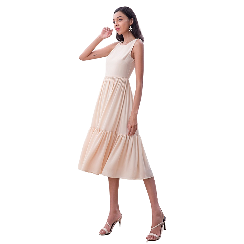 JJparty-D178-1 Women solid sleeveless tiered flared midi day dress