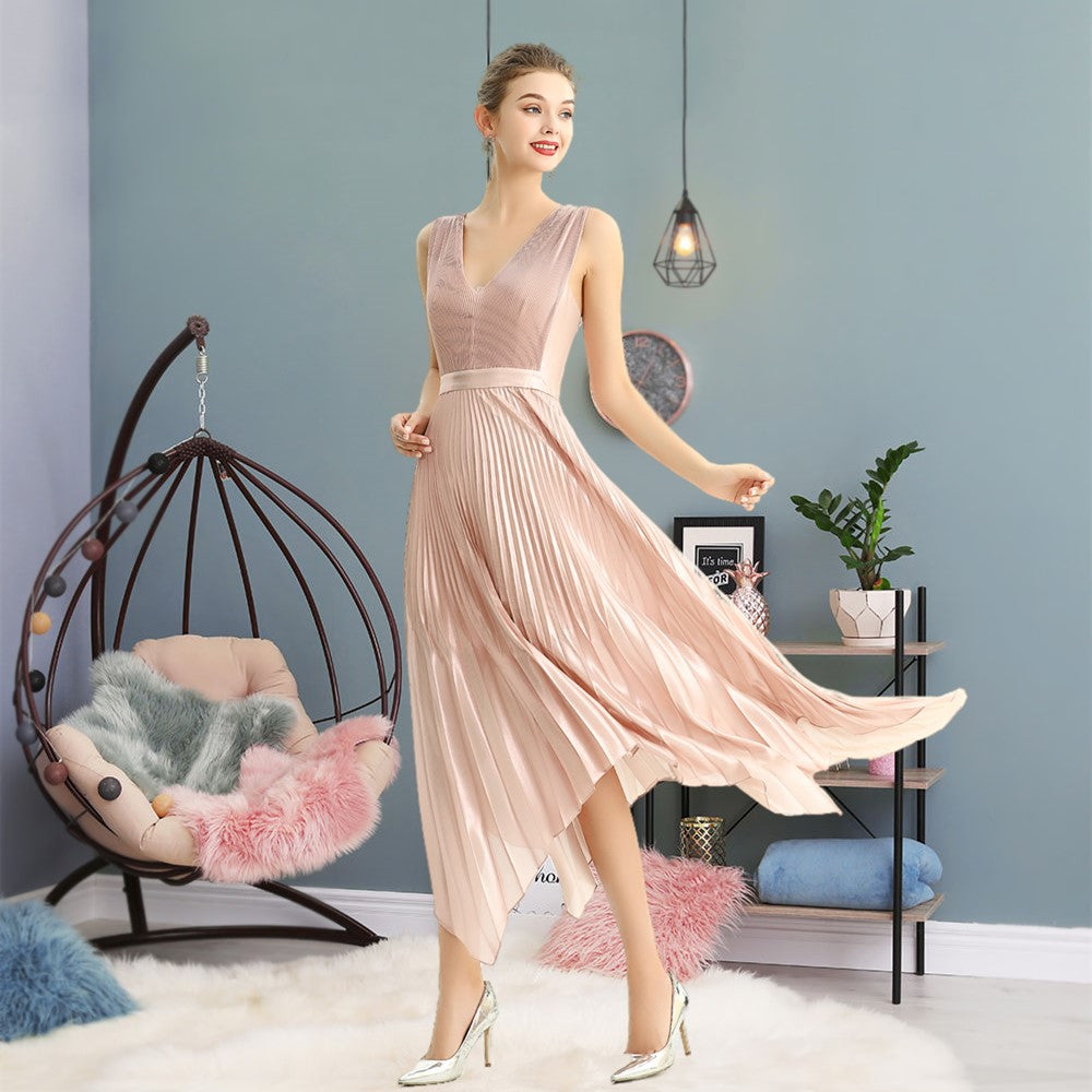 JJparty-D205 Women metallic chiffon sunburst pleated midi evening dress