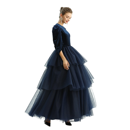 JJparty-D193 Girls velvet three-quarter puff sleeves tiered flared maxi tulle gown
