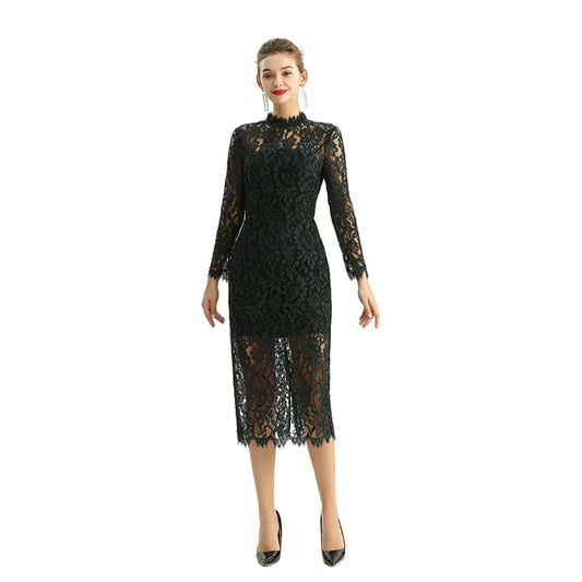 JJparty-D088 Women two-tone floral lace mock neck long sleeve slim fit midi party dress