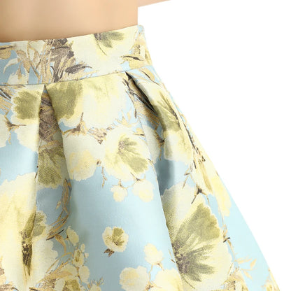 JJparty-S137-2 Women metallic floral jacquard inverted pleat A-line midi skirt