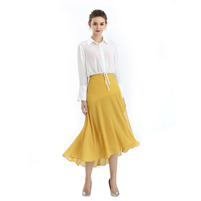 JJparty-S070-3 Women solid wrap design panelled asymmetric casual midi skirt