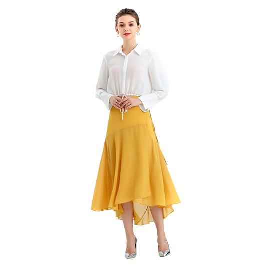 JJparty-S070-3 Women solid wrap design panelled asymmetric casual midi skirt