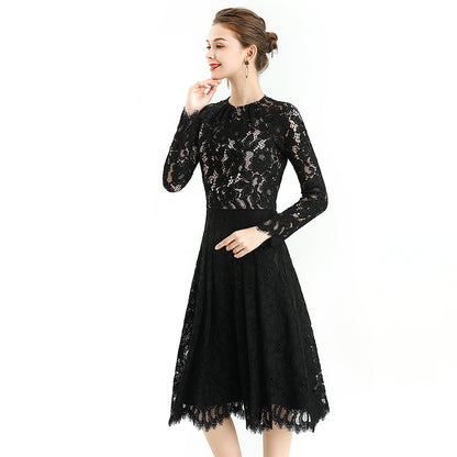 JJparty-D080-3 Women floral scallop lace long sleeves flared pleated party midi dress