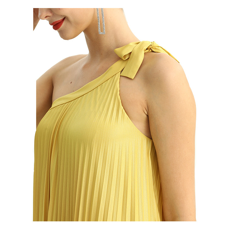 JJparty-D204 Women glazed fabric single shoulder sunburst pleated maxi dress