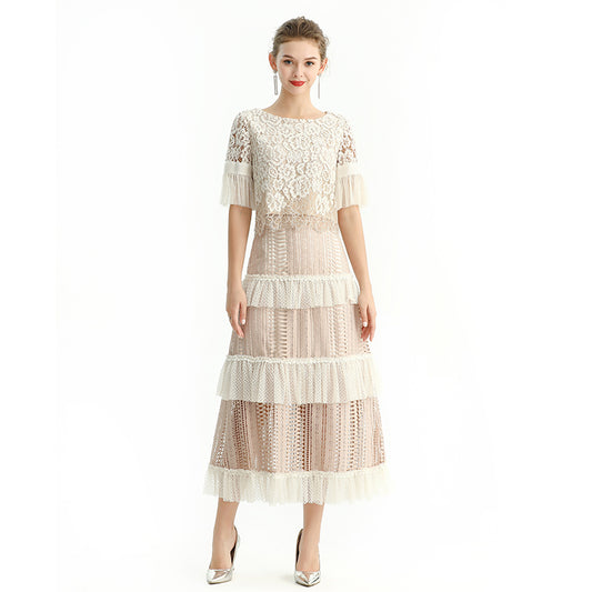 JJparty-S149 Women macramé lace-panel design Swiss dot tiered ruffle long skirt