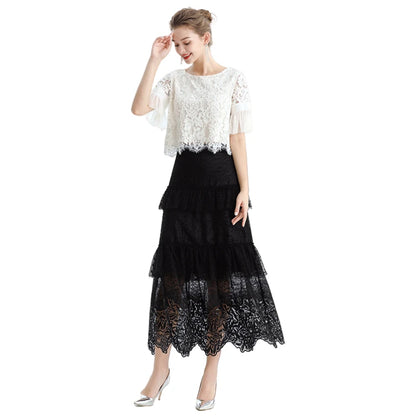 JJparty-S167 Women sequin embellished lace Swiss dot tulle tiered ruffle long evening skirt