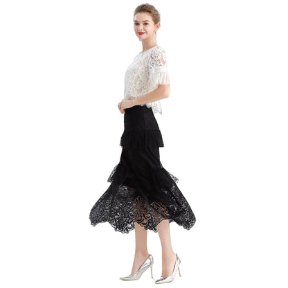 JJparty-S167 Women sequin embellished lace Swiss dot tulle tiered ruffle long evening skirt