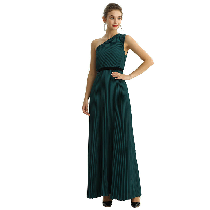 JJparty-D201 Women solid CDC one shoulder pleated maxi evening dress