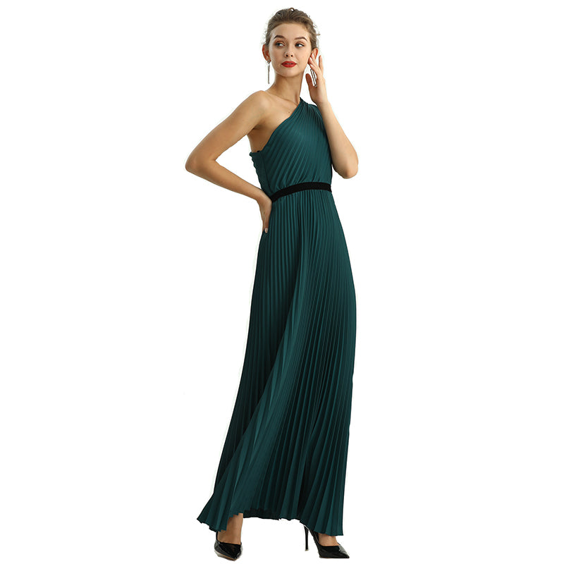 JJparty-D201 Women solid CDC one shoulder pleated maxi evening dress