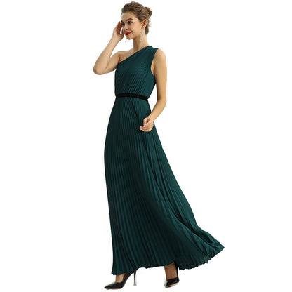 JJparty-D201 Women solid CDC one shoulder pleated maxi evening dress