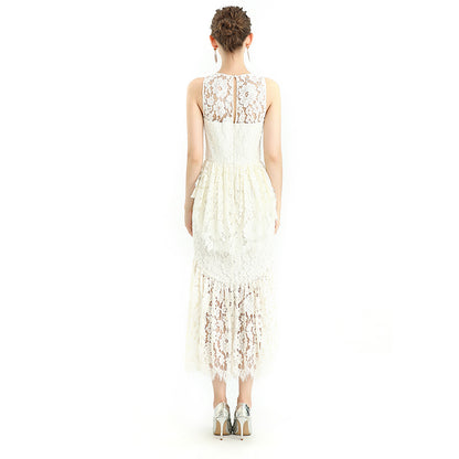 JJparty-D085 Women floral eyelash lace peplum-waist layered design mermaid dress
