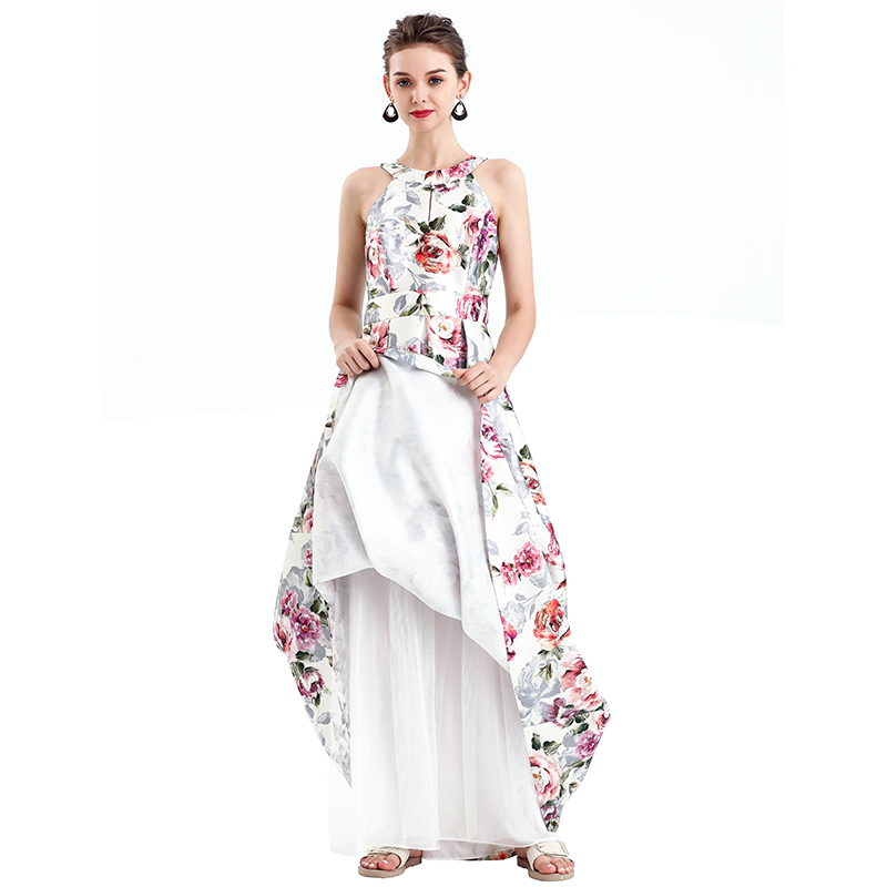 JJparty-D112 Women floral print halter neck sleeveless full circle flared maxi evening dress