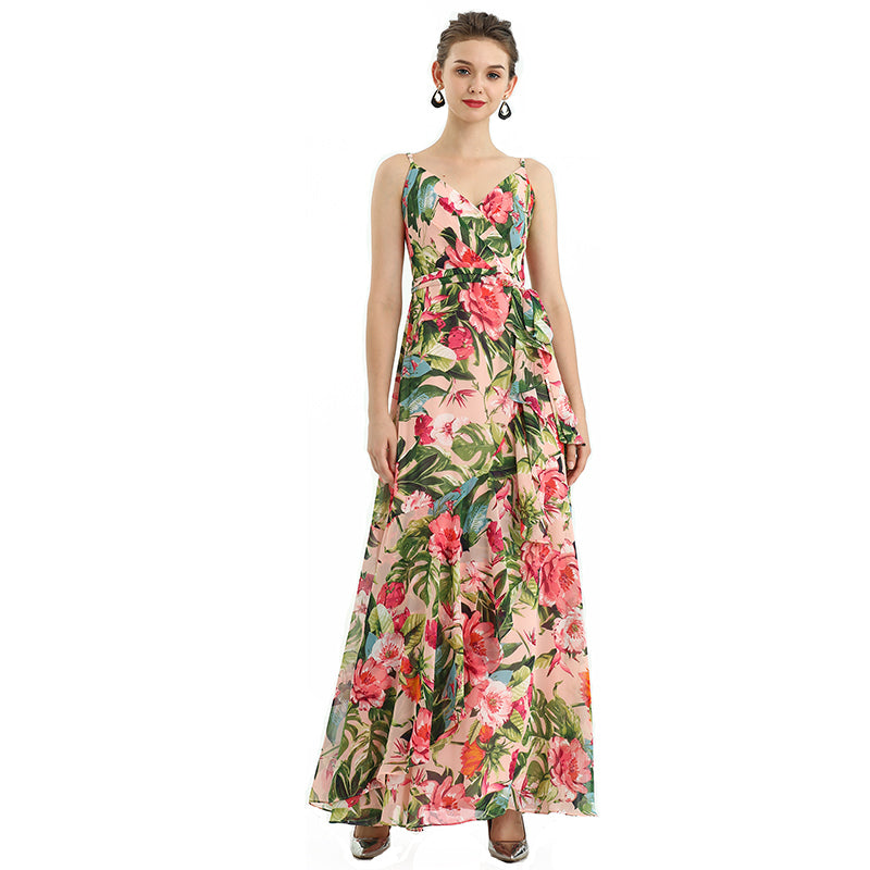 JJparty-D113 Women floral print chiffon spaghetti straps gathered detailing flared maxi party dress