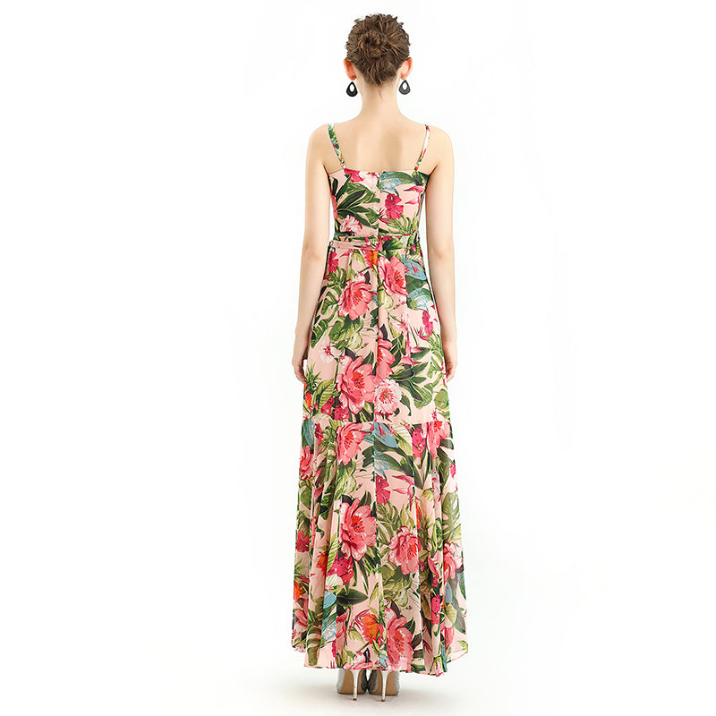 JJparty-D113 Women floral print chiffon spaghetti straps gathered detailing flared maxi party dress