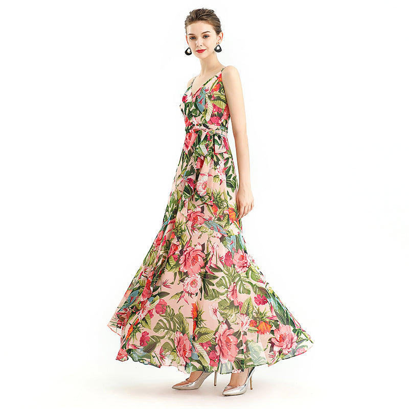 JJparty-D113 Women floral print chiffon spaghetti straps gathered detailing flared maxi party dress