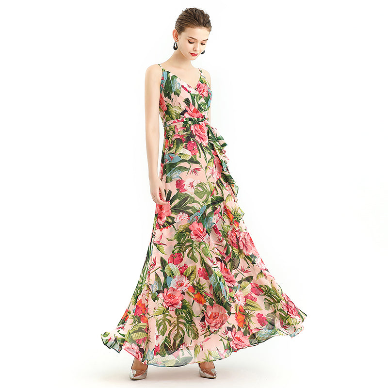 JJparty-D113 Women floral print chiffon spaghetti straps gathered detailing flared maxi party dress