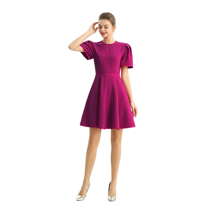 JJparty-D094 Women solid short puffy sleeve mini day dress