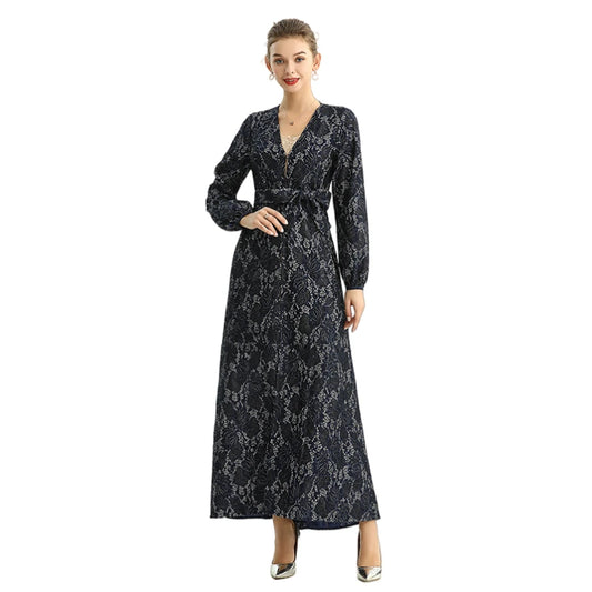JJparty-C165 Women bonded sequinned lace long sleeves evening maxi robe dress
