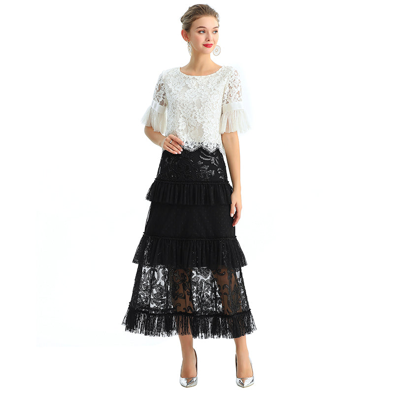 JJparty-S138 Women sequin bead embellishment Swiss dot tiered ruffle long evening skirt