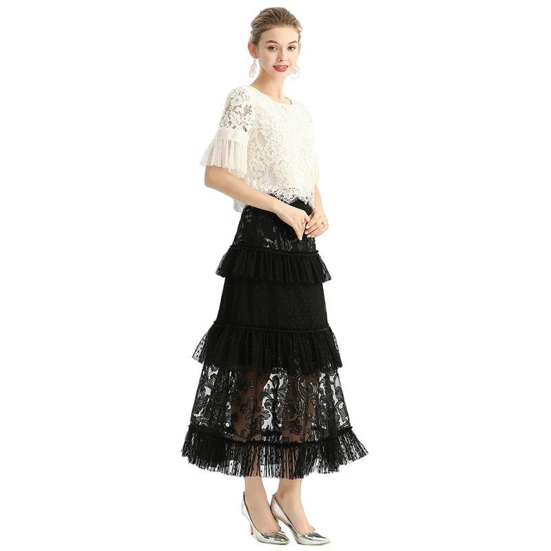 JJparty-S138 Women sequin bead embellishment Swiss dot tiered ruffle long evening skirt