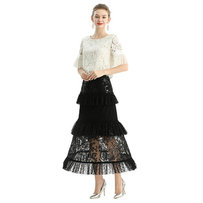 JJparty-S138 Women sequin bead embellishment Swiss dot tiered ruffle long evening skirt