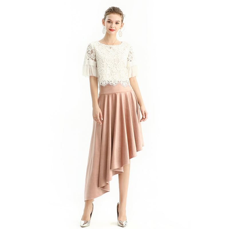 JJparty-S145-1 Women faux suede wide waistband full circle high low asymmetric flare skirt