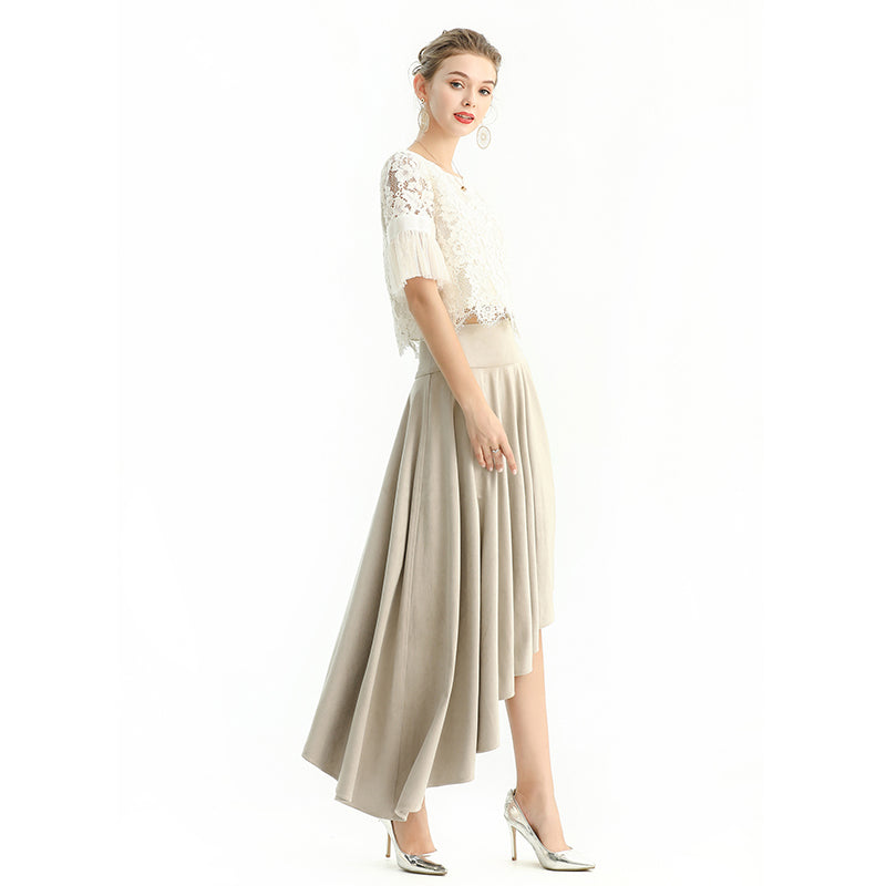 JJparty-S145-1 Women faux suede wide waistband full circle high low asymmetric flare skirt