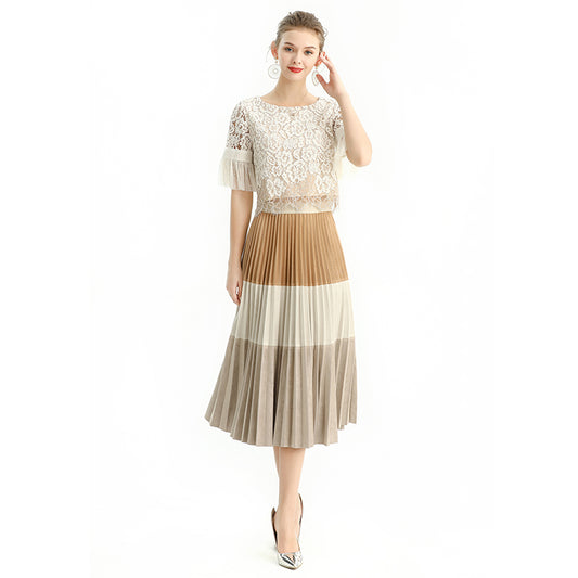 JJparty-S125 Women faux suede color-block full circle sunburst pleated midi skirt