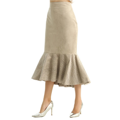 JJparty-S168-1 Women faux suede perforated flounced ruffle mermaid midi skirt