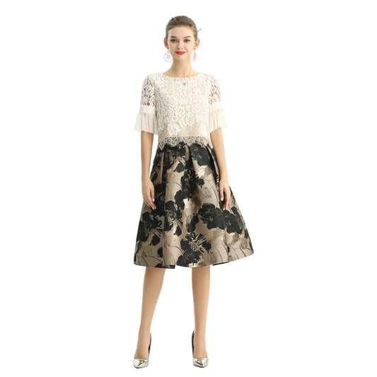 JJparty-S137-1 Women metallic floral jacquard inverted pleat A-line midi skirt