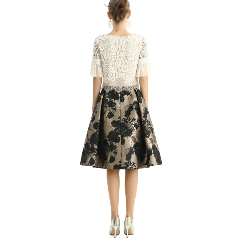JJparty-S137-1 Women metallic floral jacquard inverted pleat A-line midi skirt