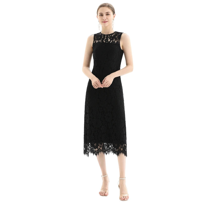 JJparty-D098 Women Floral eyelash lace sleeveless straight-cut party midi dress